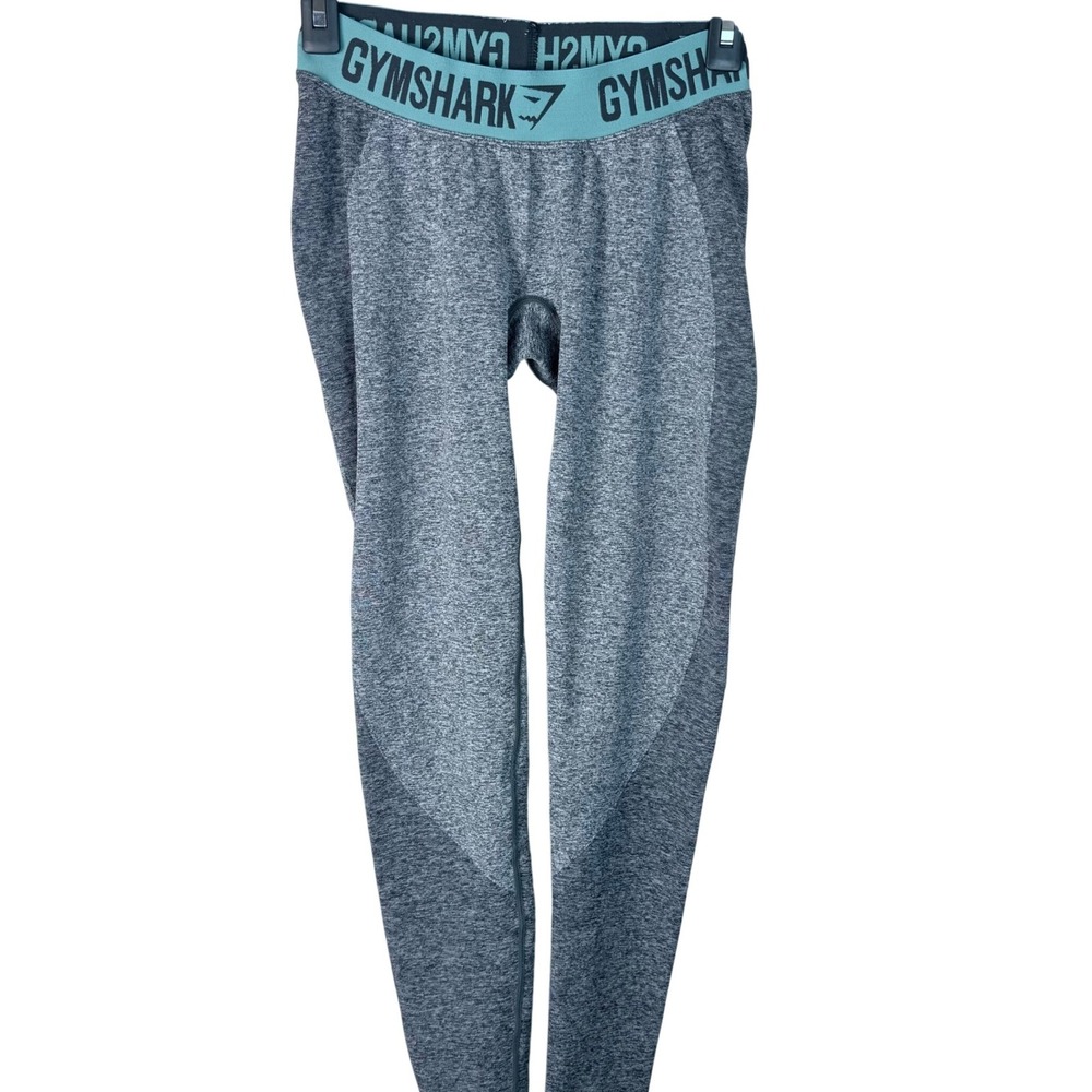 Gymshark Flex Leggings Grey Marl‎ Teal Logo Waistband Seamless Women's Small